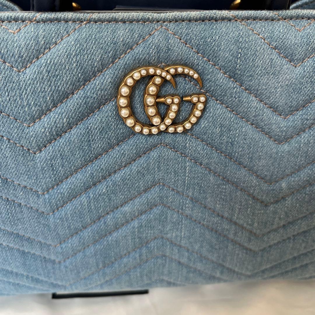 GUCCI デニムバッグ　ショルダーストラップ付き　パールCGマーモント