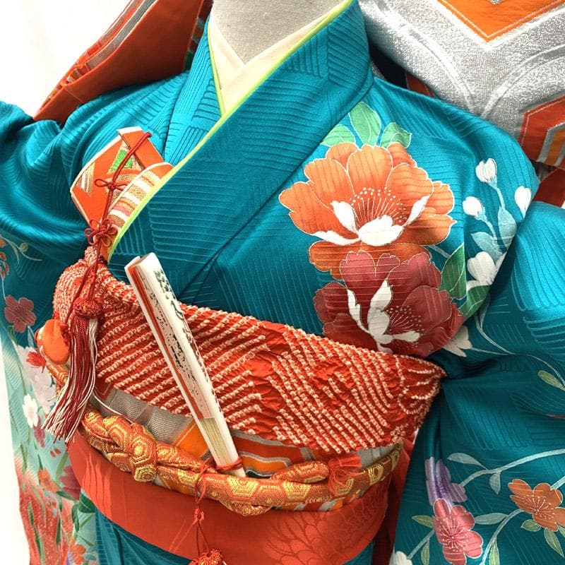 508ag54■七五三 七歳 女児 着物&袋帯 鴛鴦 牡丹 青緑■美品