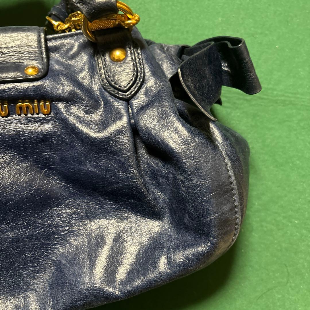 miu miu VITELLO LUX ハンドバッグ 2way リボン ブルー