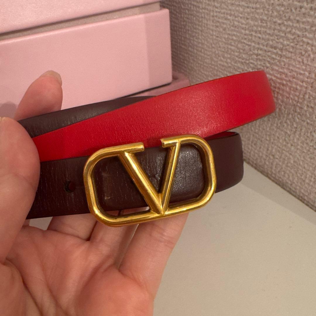 VALENTINO レザー製ブラウン/レッドベルト ゴールドバックル