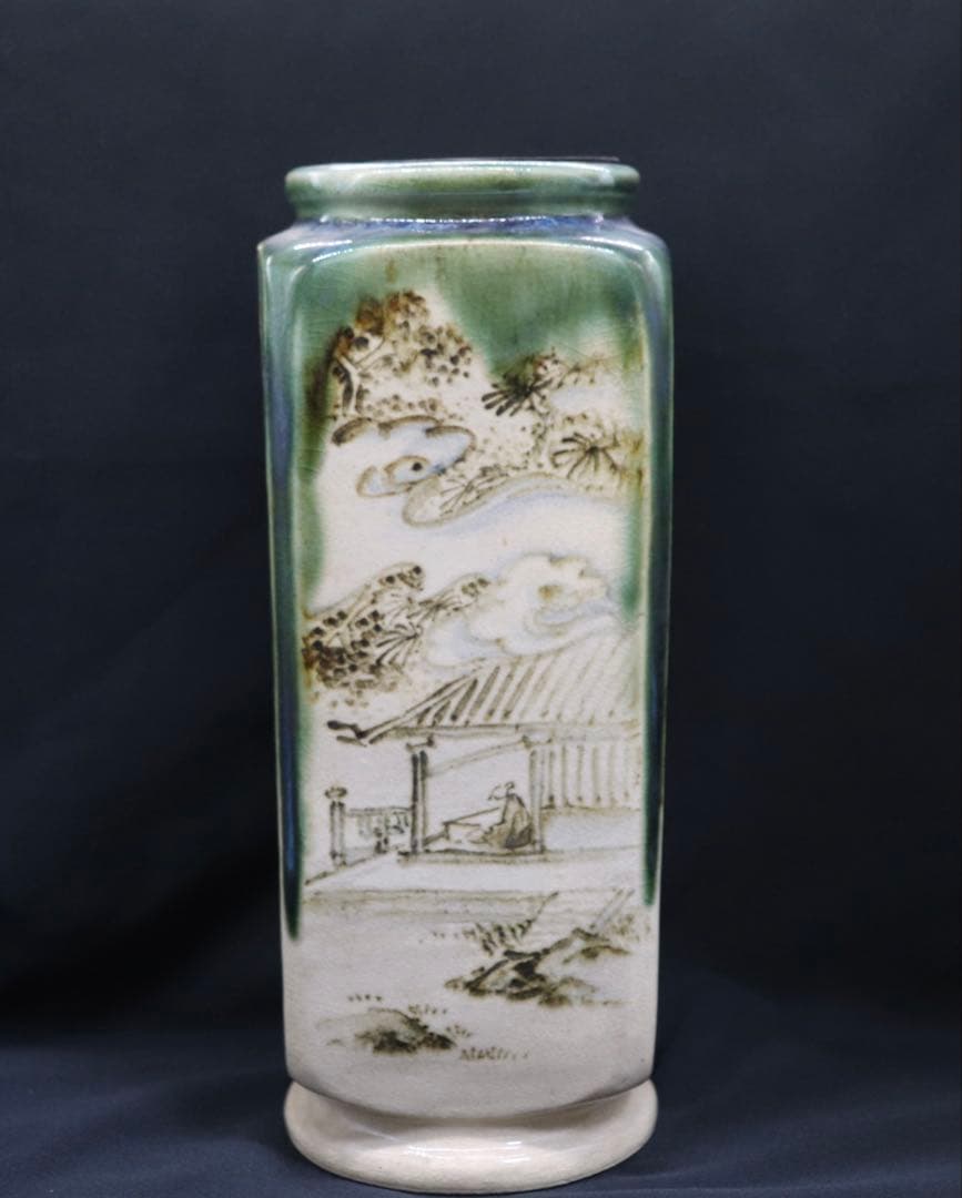 清水　青緑釉山水　四方華瓶　平安陶工　土龍庵清山作　共箱　茶道具　送料込み905