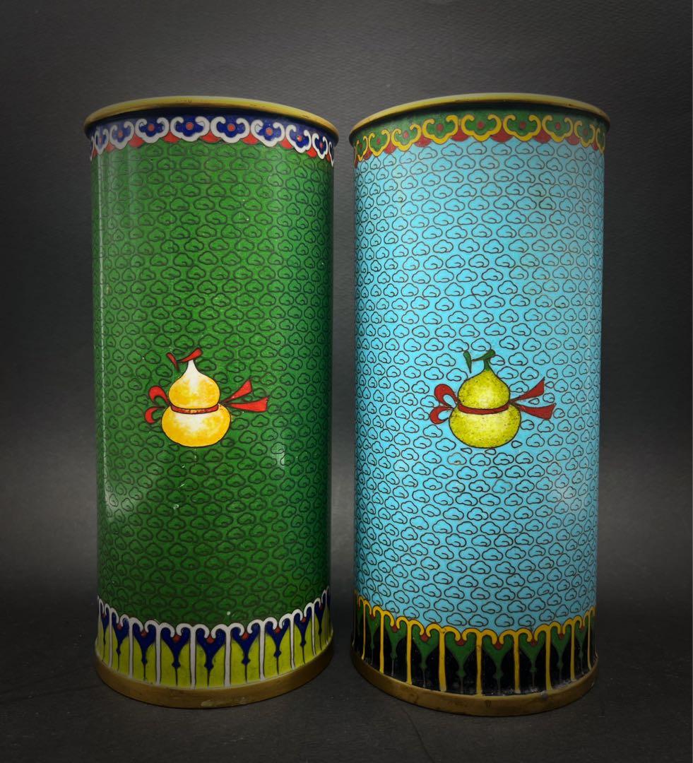 中國美術 古玩 七宝焼 景泰蓝 置物 寶相花紋樣帽筒2点