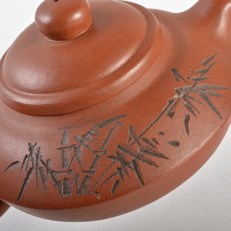 中国　荊渓恵孟臣製　 紫砂　朱泥　漢詩竹文　急須　茶壷　M　R5858