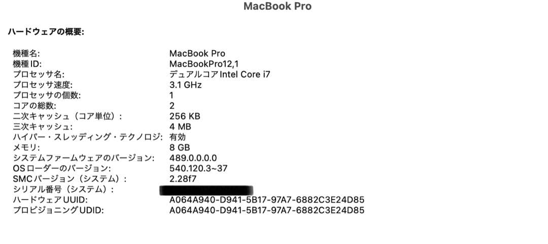 A*s様 MacBook pro 13インチ 2015 Core i7/8GB/
