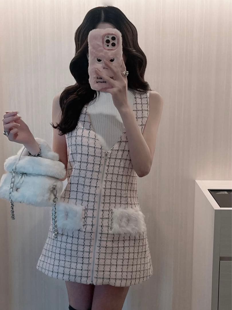 Darich♡フロントファスナーツイードミニワンピース　(PNK・Free)