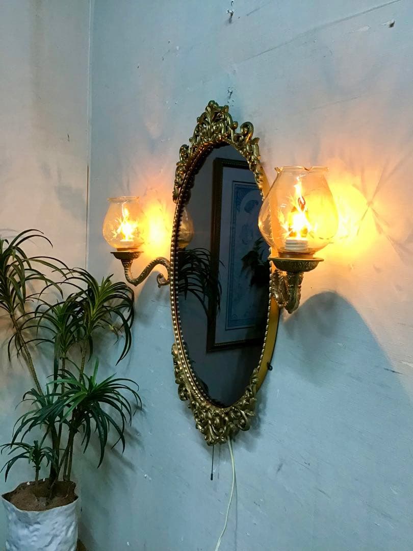管250☆フランス製☆希少☆アンティーク☆ランプ付き☆ウォールミラー☆壁掛け鏡