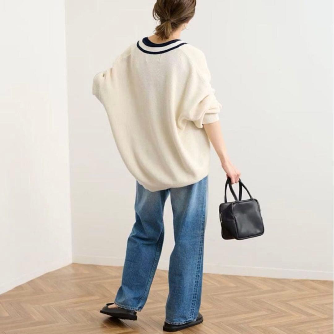 フレームワーク　ライン畦ニットカーディガン　アイボリー　金ボタン　リネン混