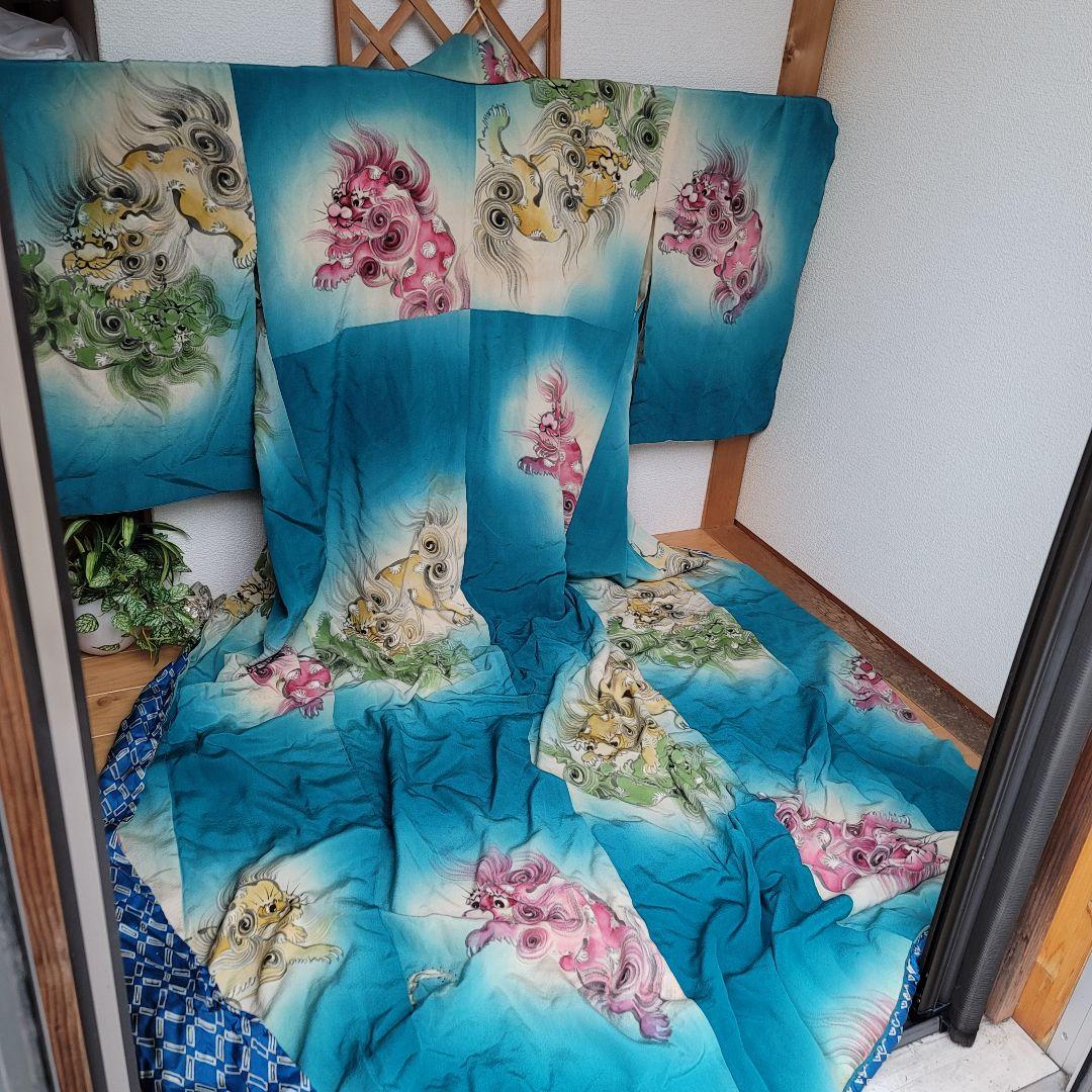 リメイク材料　アンティーク着物　獅子舞い　狛犬　一閑張り　柿渋染め　裾引き