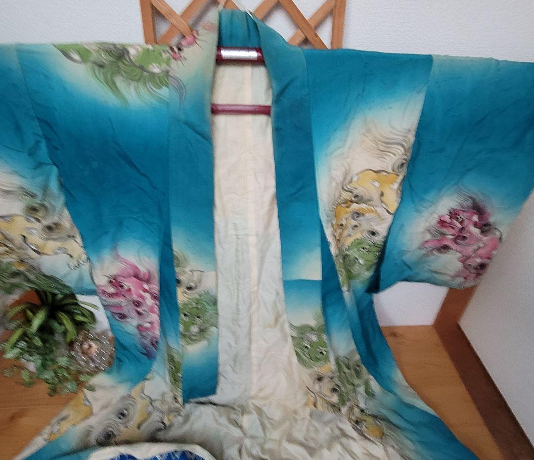 リメイク材料　アンティーク着物　獅子舞い　狛犬　一閑張り　柿渋染め　裾引き