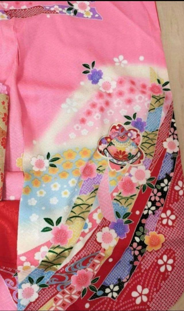絹100 七五三用　 ピンク花柄着物セット