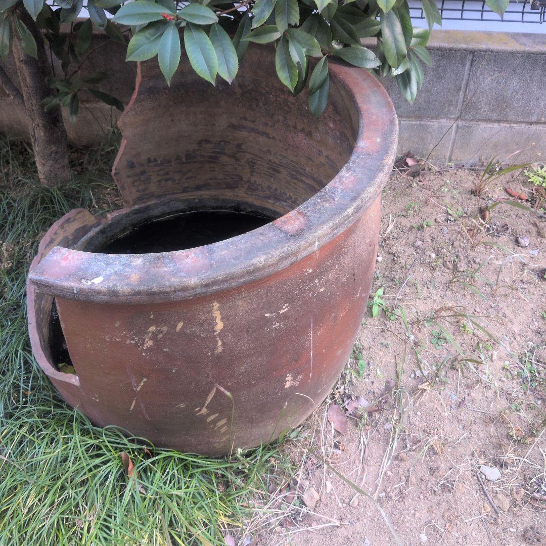 古民具 リメイク 火鉢 金魚鉢 メダカ鉢 水連鉢 骨董 アンティーク　割れ加工