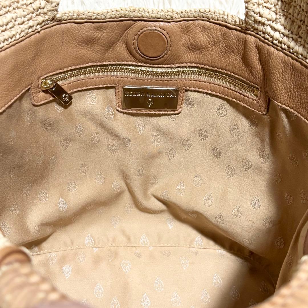 美品 収納袋付き ヘレンカミンスキー ラフィア カゴバッグ ポンポン 本革