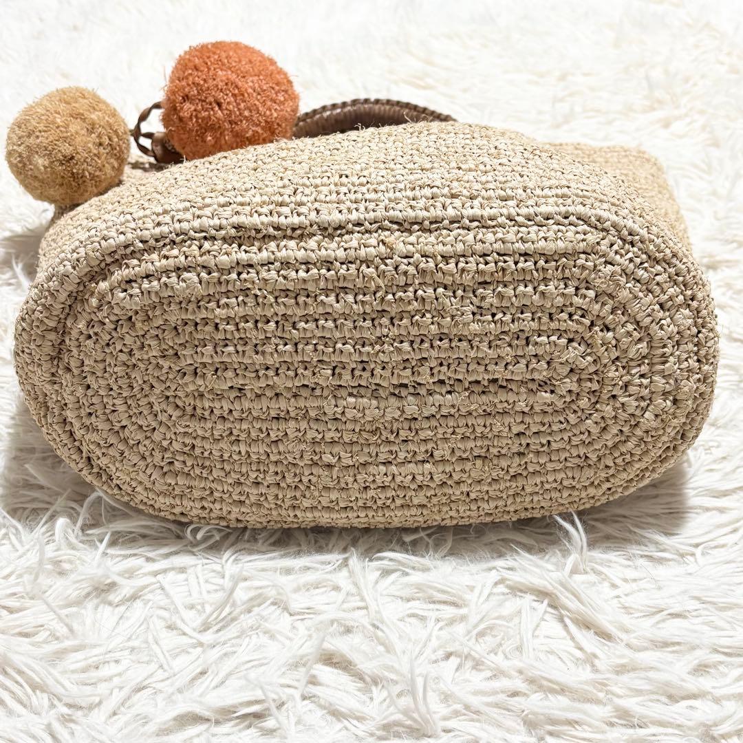 美品 収納袋付き ヘレンカミンスキー ラフィア カゴバッグ ポンポン 本革
