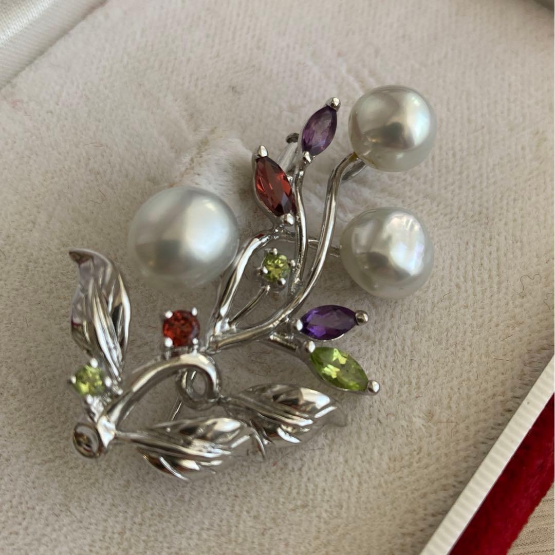 ブローチ パール　カラーストーン　シルバー925　南洋真珠　白真珠　ペンダント