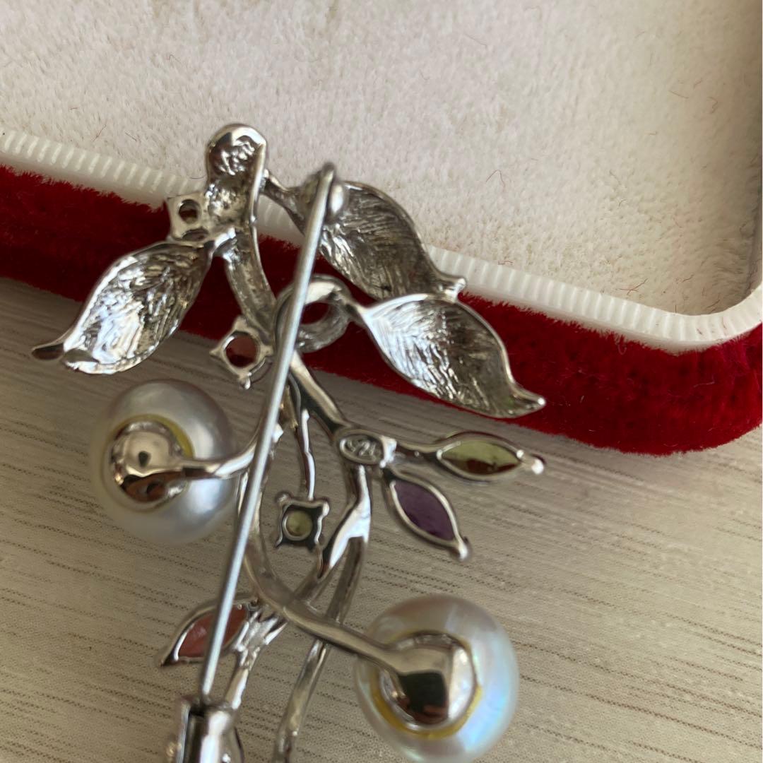 ブローチ パール　カラーストーン　シルバー925　南洋真珠　白真珠　ペンダント