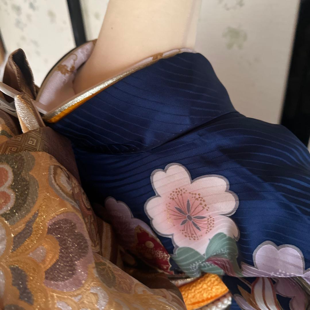 【最終価格】すっきり青地に蝶が素敵！振袖フルセット　成人式前撮り