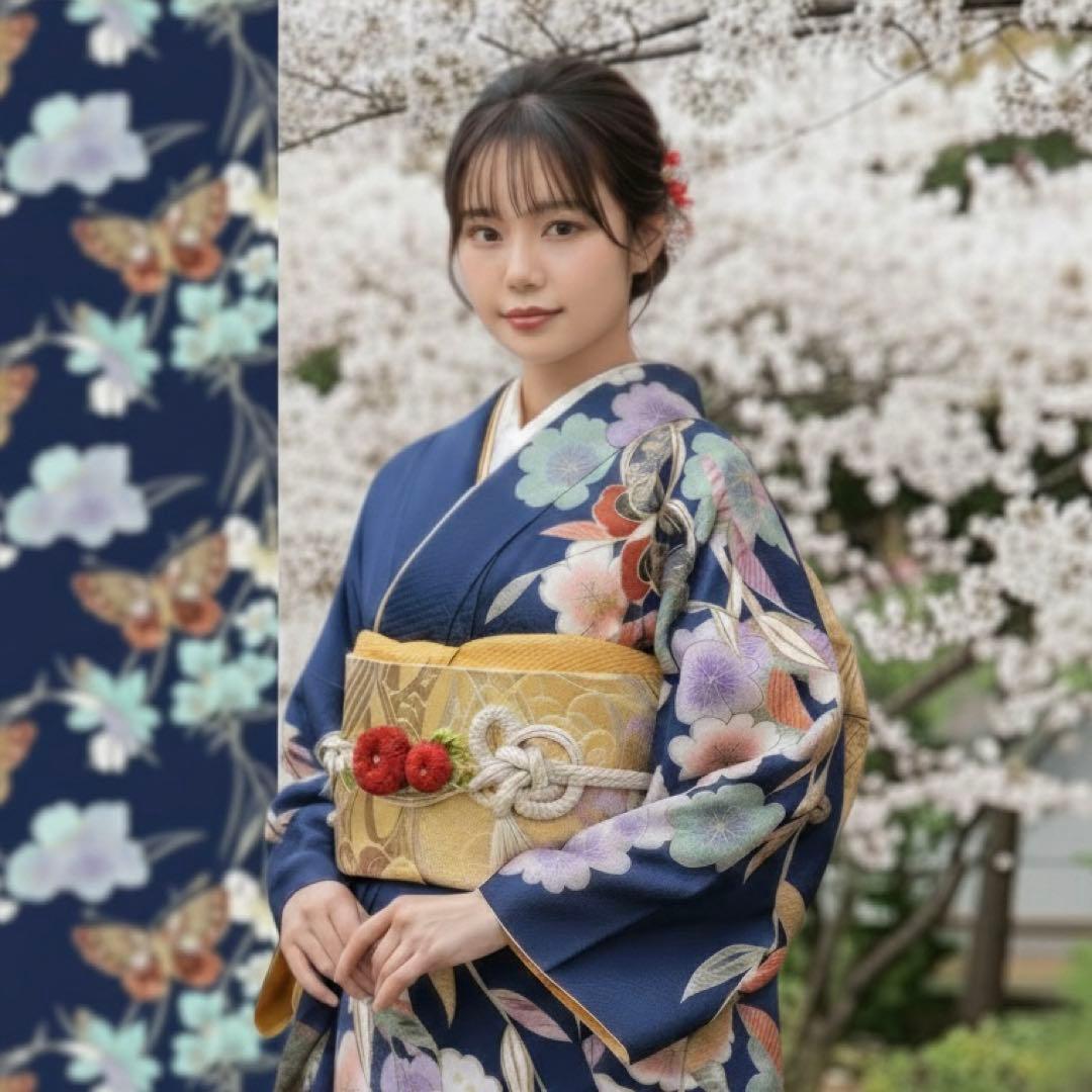 【最終価格】すっきり青地に蝶が素敵！振袖フルセット　成人式前撮り