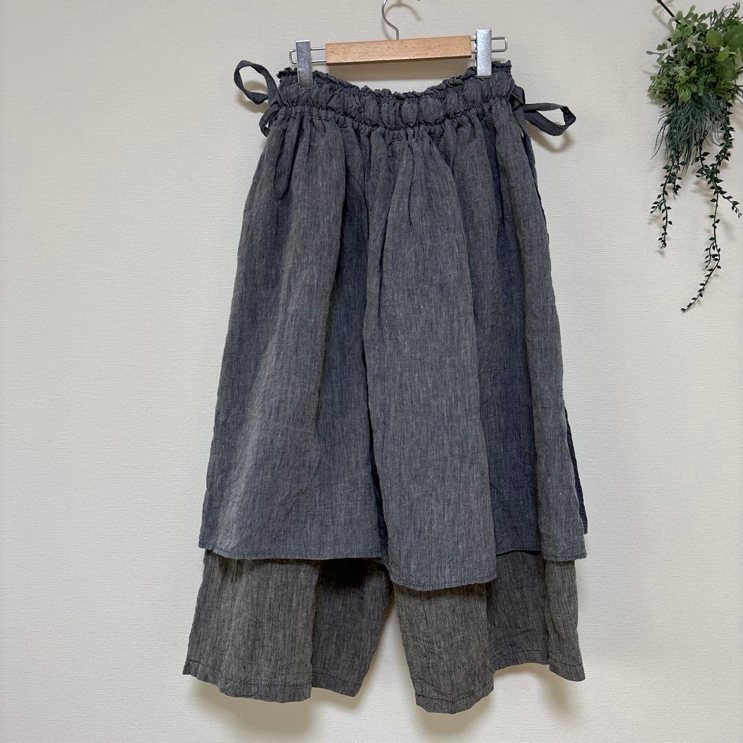 キャピタル リネン エプロン ガウチョ ワイドパンツ 総ゴム リボン ラップ