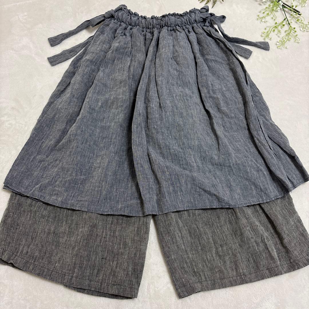 キャピタル リネン エプロン ガウチョ ワイドパンツ 総ゴム リボン ラップ