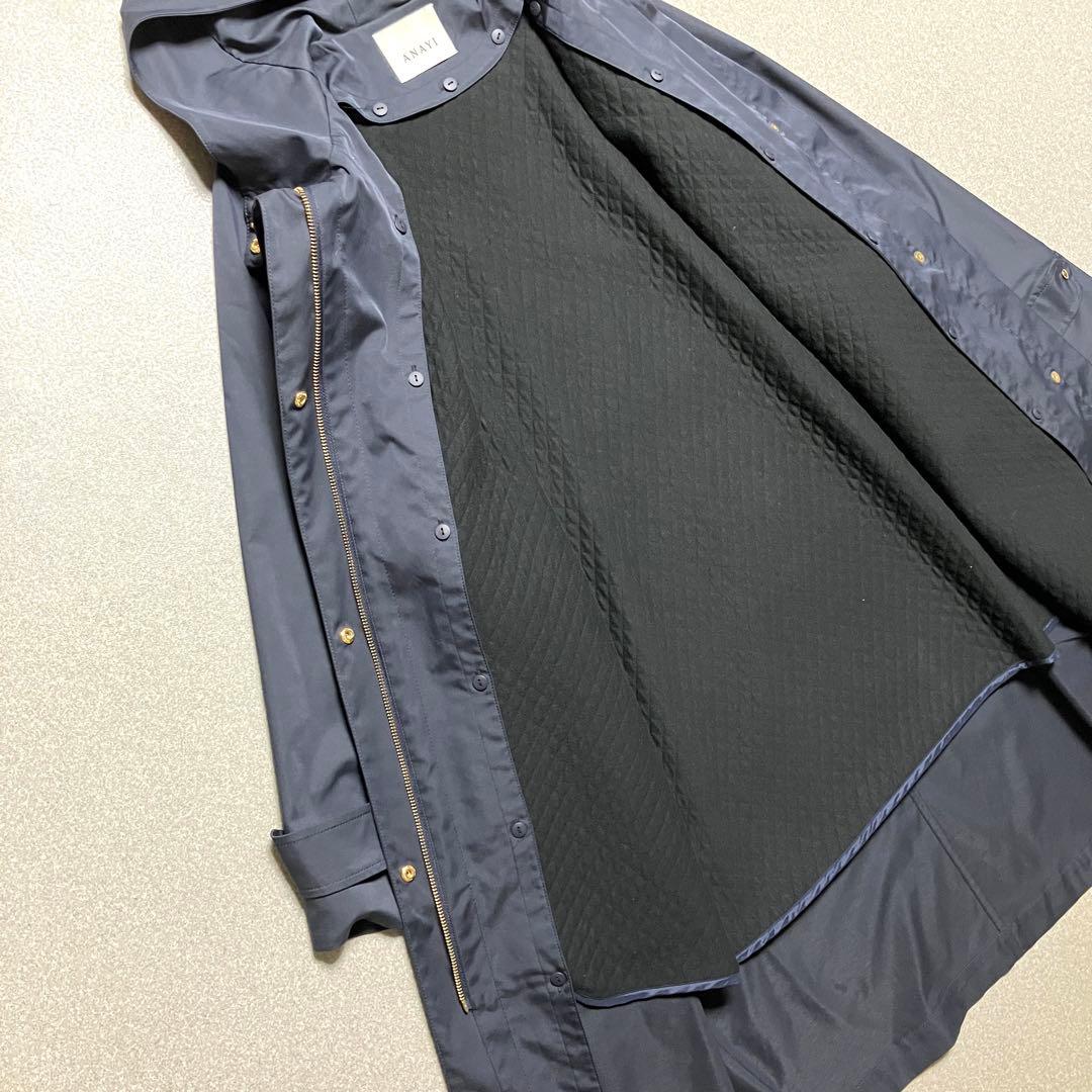 近年 ANAYI ブライトツイルライナーモッズコート フードロング アナイ 紺