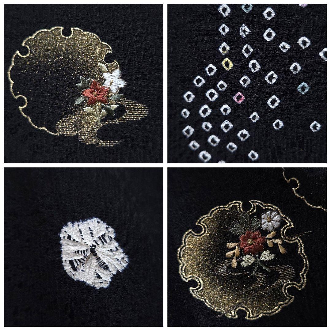 A◆着物くつろぎ 雪輪に梅の花 黒 絞り 金彩 刺繍 菊 袷 正絹 付下げ 着物