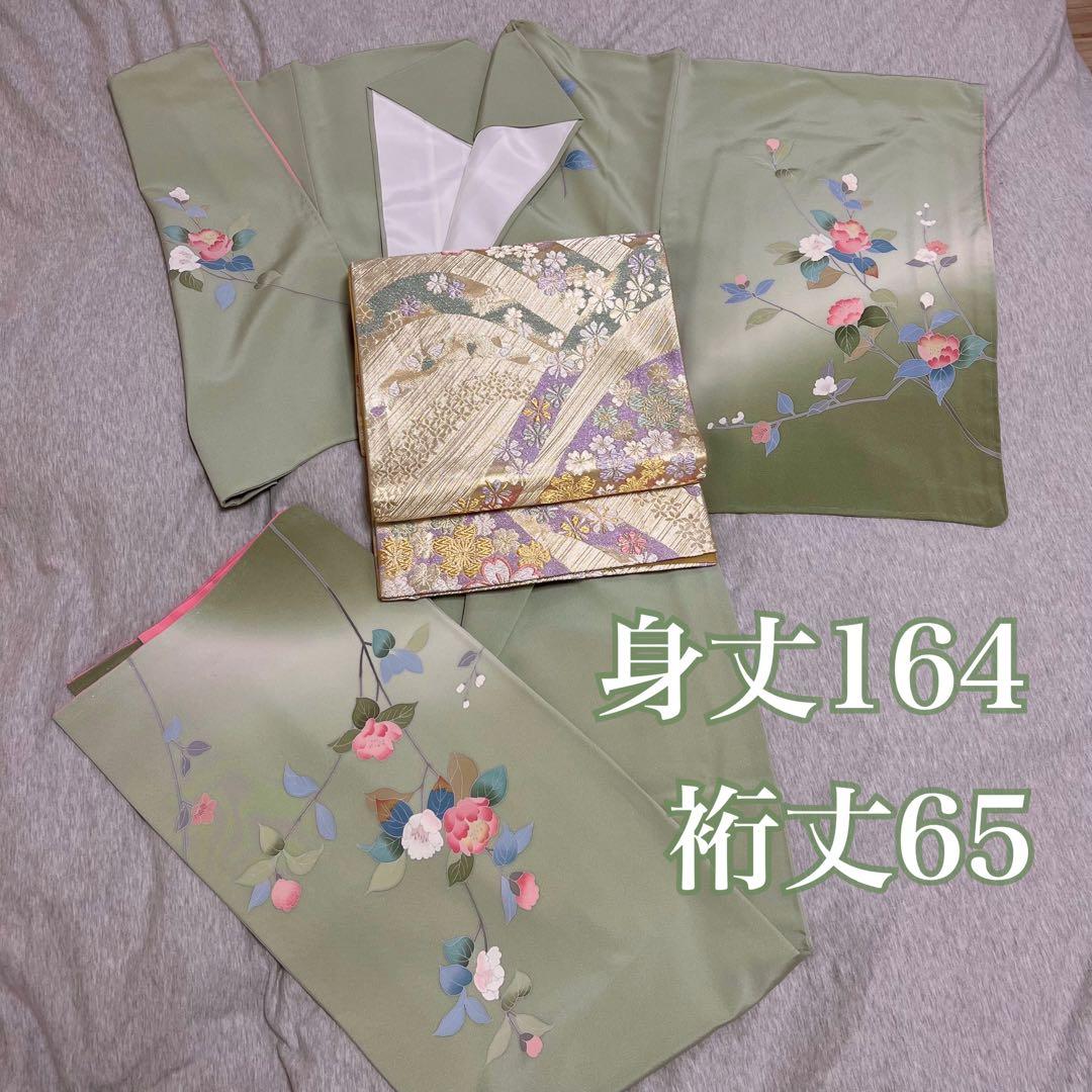訪問着+帯の2点セット　若草色　みどり　グリーン　トールサイズ　ロング丈