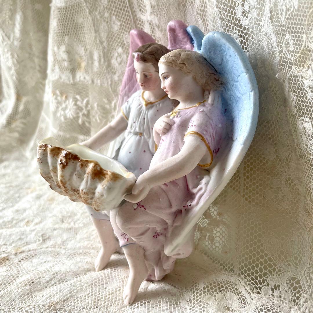 二人の天使の聖水盤　ビスク　フランスアンティーク　ブルーとピンク　エンジェル