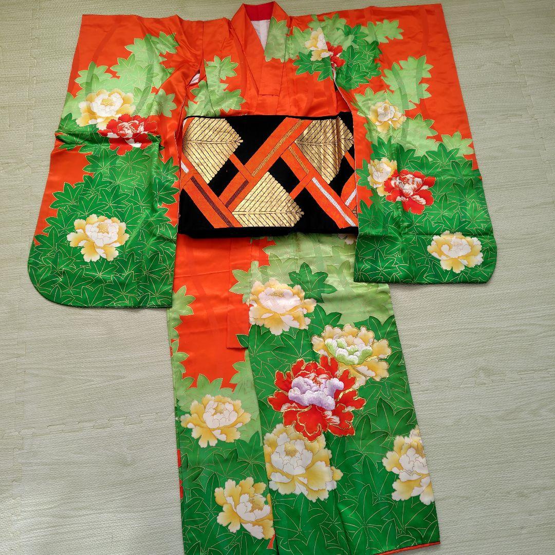 花柄のオレンジ着物と帯と志古貴　3点　七五三