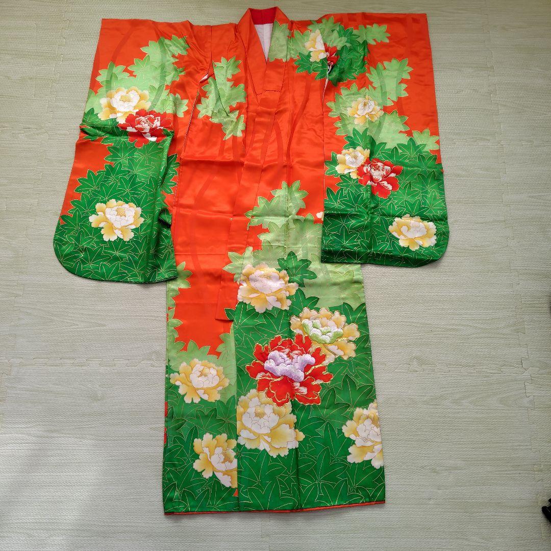 花柄のオレンジ着物と帯と志古貴　3点　七五三