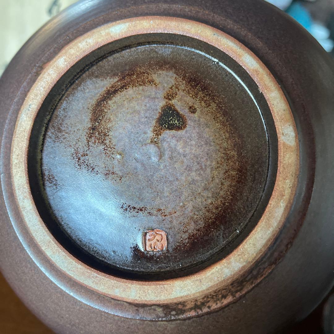 笠間焼 陶器製 茶色 花瓶 木箱付き