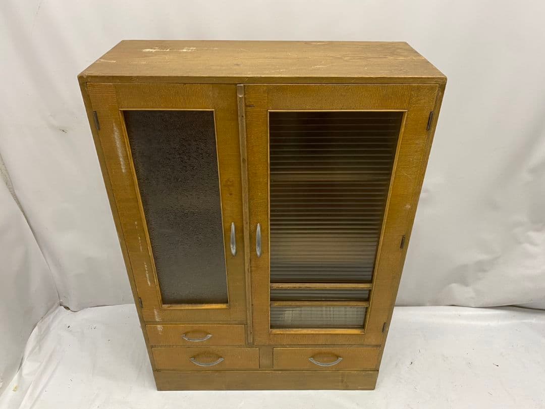 レトロ ガラス キャビネット 食器棚 書棚 本棚 本箱 ヴィンテージ 昭和