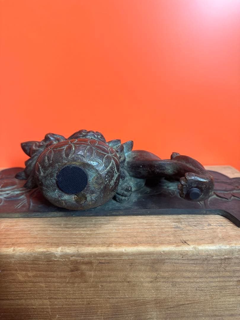 1737 名人　大国寿郎作　牡丹獅子置物　銅製　時代物