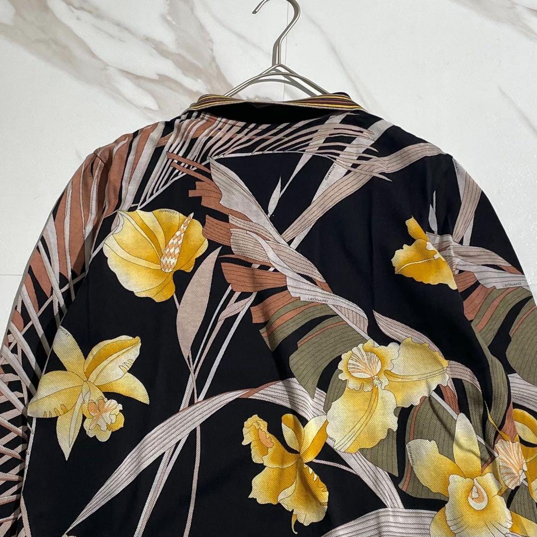 【希少】レオナール ハーフジップブラウス 花柄 トリム XLサイズ 黒 コットン