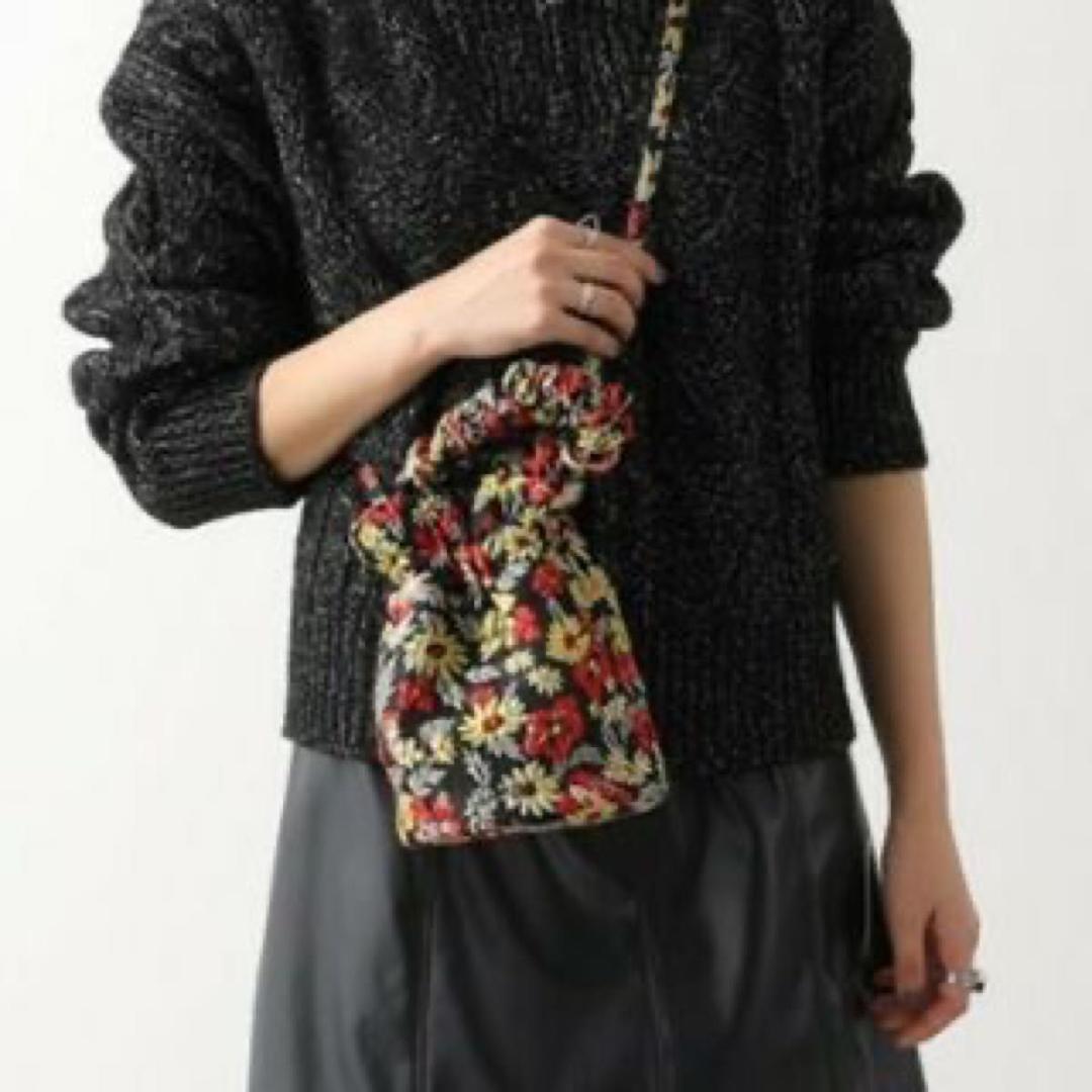 GANNI ボタニカル 巾着ショルダーバッグ　ブラック　刺繍　黒 ジャガード