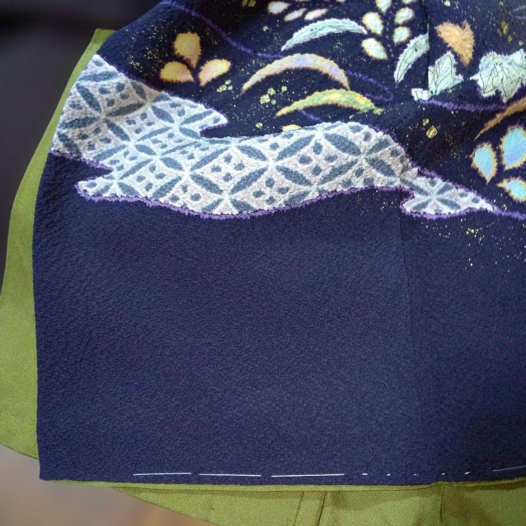 辻が花着物美しい花柄刺繍濃いブラウン系とネイビー躾付き新品未使用品逸品