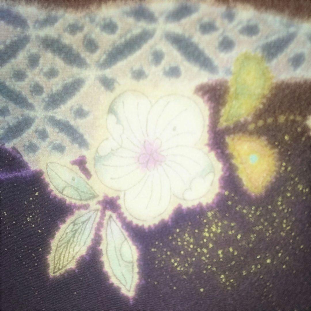 辻が花着物美しい花柄刺繍濃いブラウン系とネイビー躾付き新品未使用品逸品