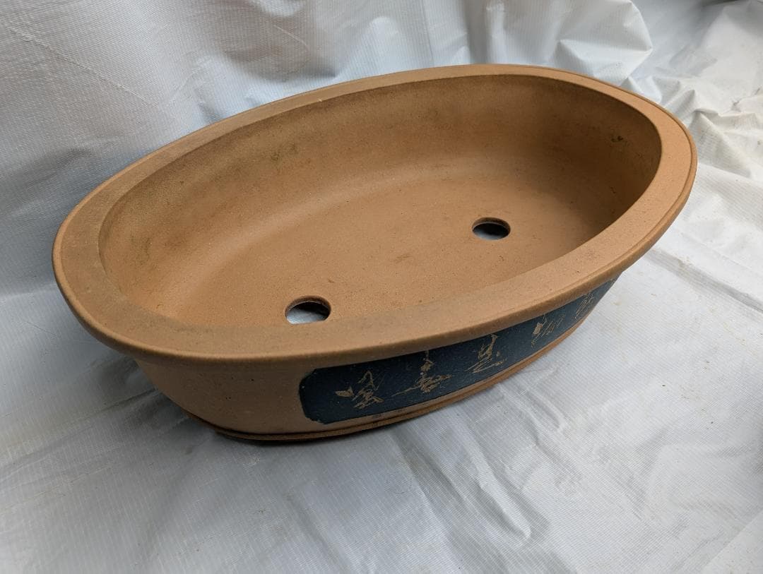 大型 盆栽鉢 楕円 絵鉢 約60cm 無銘 山水図 松柄 古鉢 盆栽用