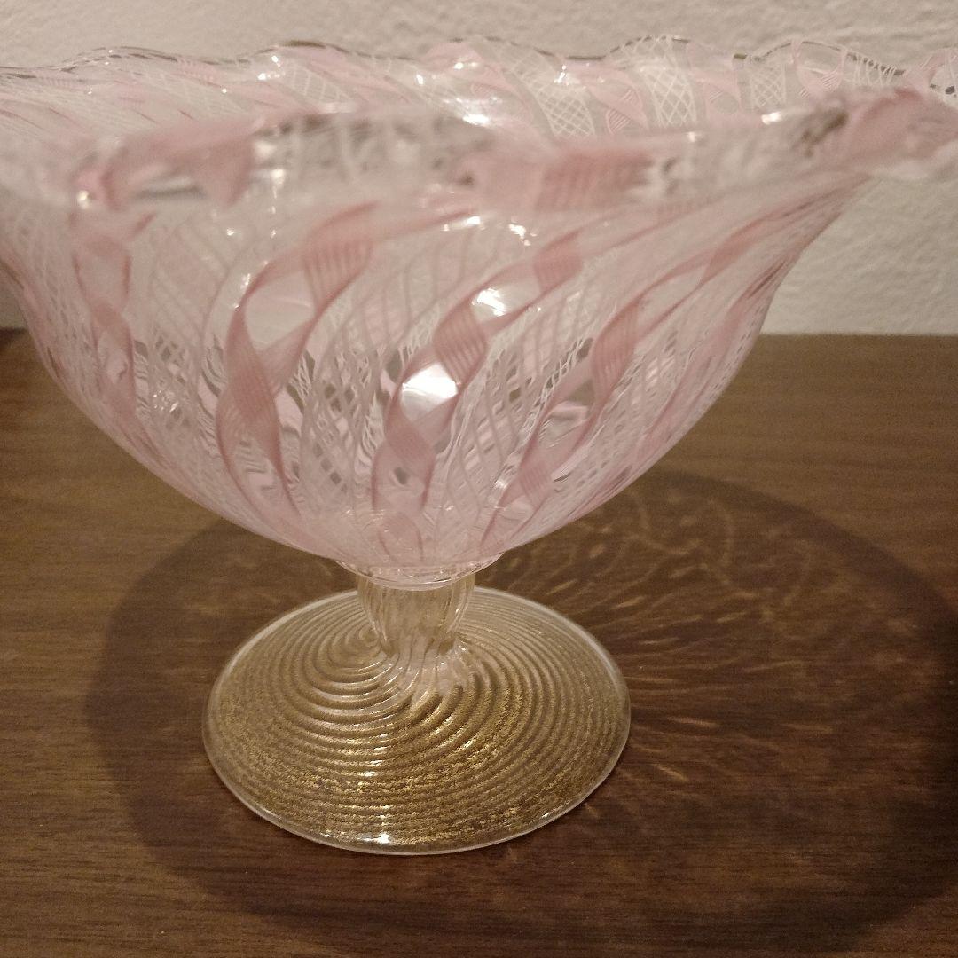 ベネチアンガラス　ムラノ　MURANO　コンポート　ピンク　レース　インテリア