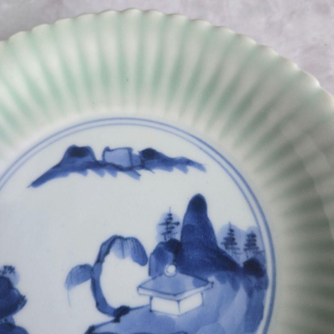 古伊万里　青磁　染付　六寸皿　江戸時代　鎬　金直し　金継ぎ　骨董　アンティーク