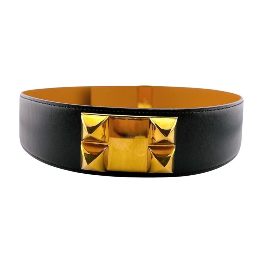 エルメス コリエドシアン メドール ベルト レザー ブラック ゴールド金具 70