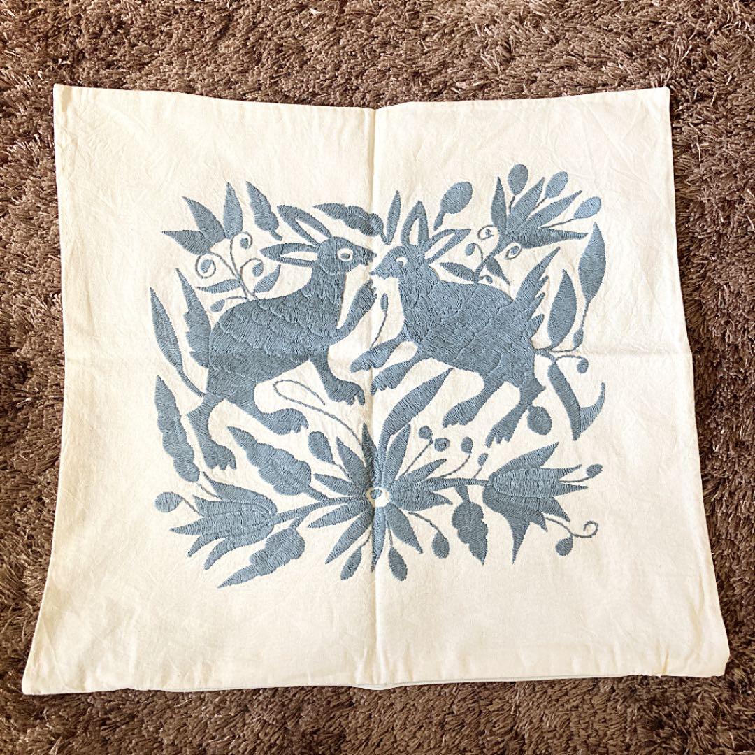 新品＊クッションカバー＊オトミ刺繍＊ブルー系＊動物＊メキシコ雑貨