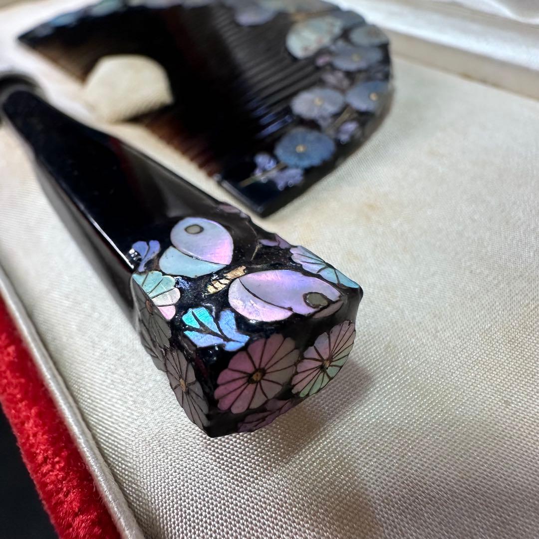 大正アンティーク　鼈甲　櫛笄　黒漆螺鈿細工　金細工髪飾り