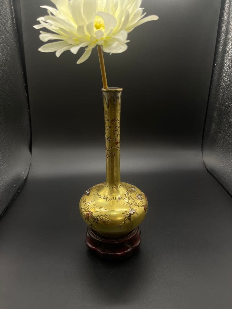 明治時代　金工　花瓶　金銀象嵌　骨董古美術