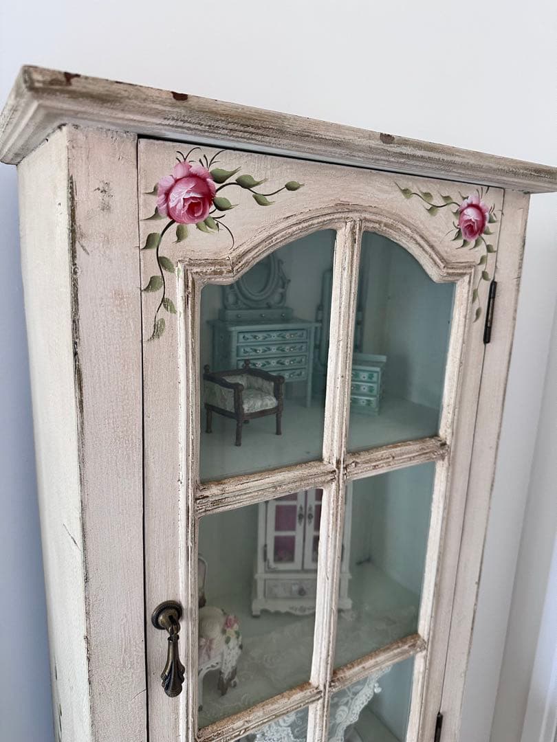フランスアンティークキャビネット/ウォールラック/薔薇柄ペイント/ドールハウス