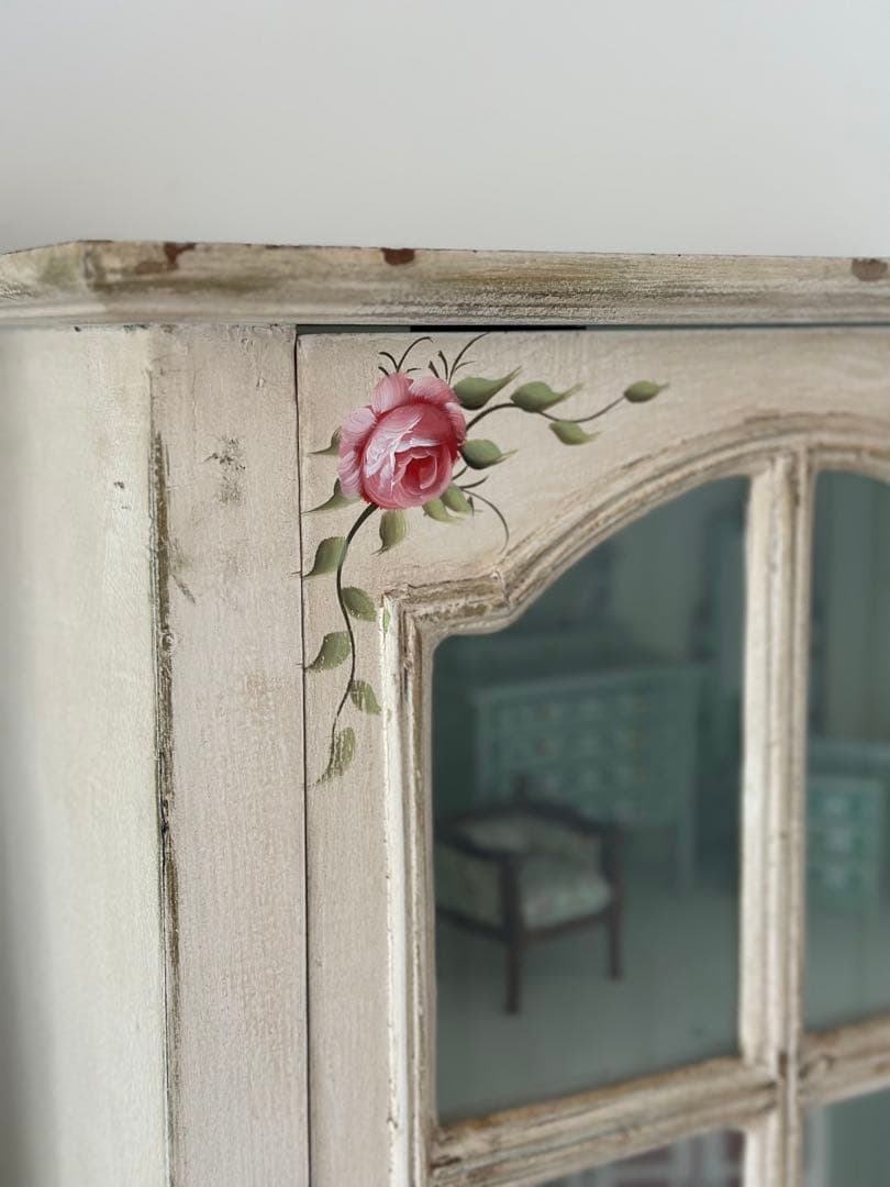 フランスアンティークキャビネット/ウォールラック/薔薇柄ペイント/ドールハウス