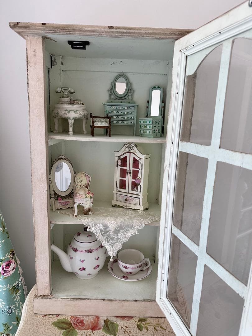フランスアンティークキャビネット/ウォールラック/薔薇柄ペイント/ドールハウス