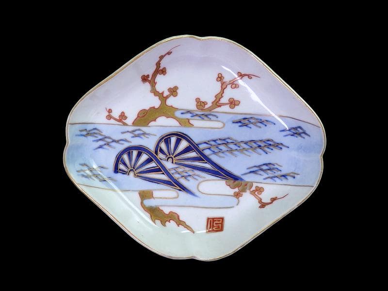 古伊万里　染錦　青海波に梅の図　菱形変形皿　５客　534AS-DBf