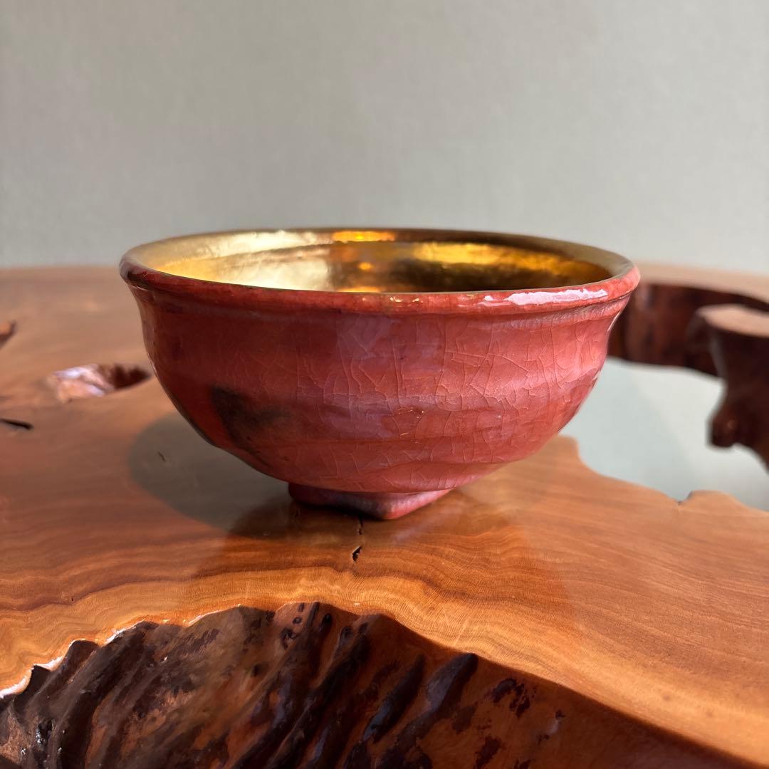 嶋台茶碗 松楽作 金銀組 楽焼 抹茶碗 茶道具 共箱（83Hb）