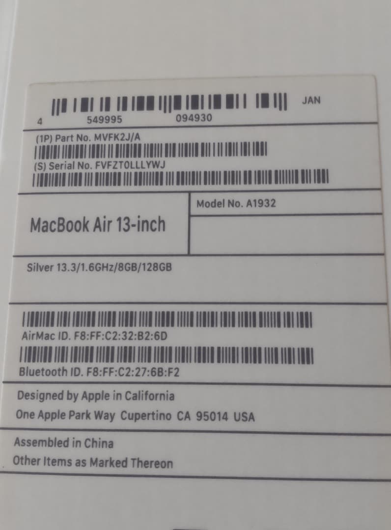 MacBook本体 MacBook Air Retina 13inch 2019