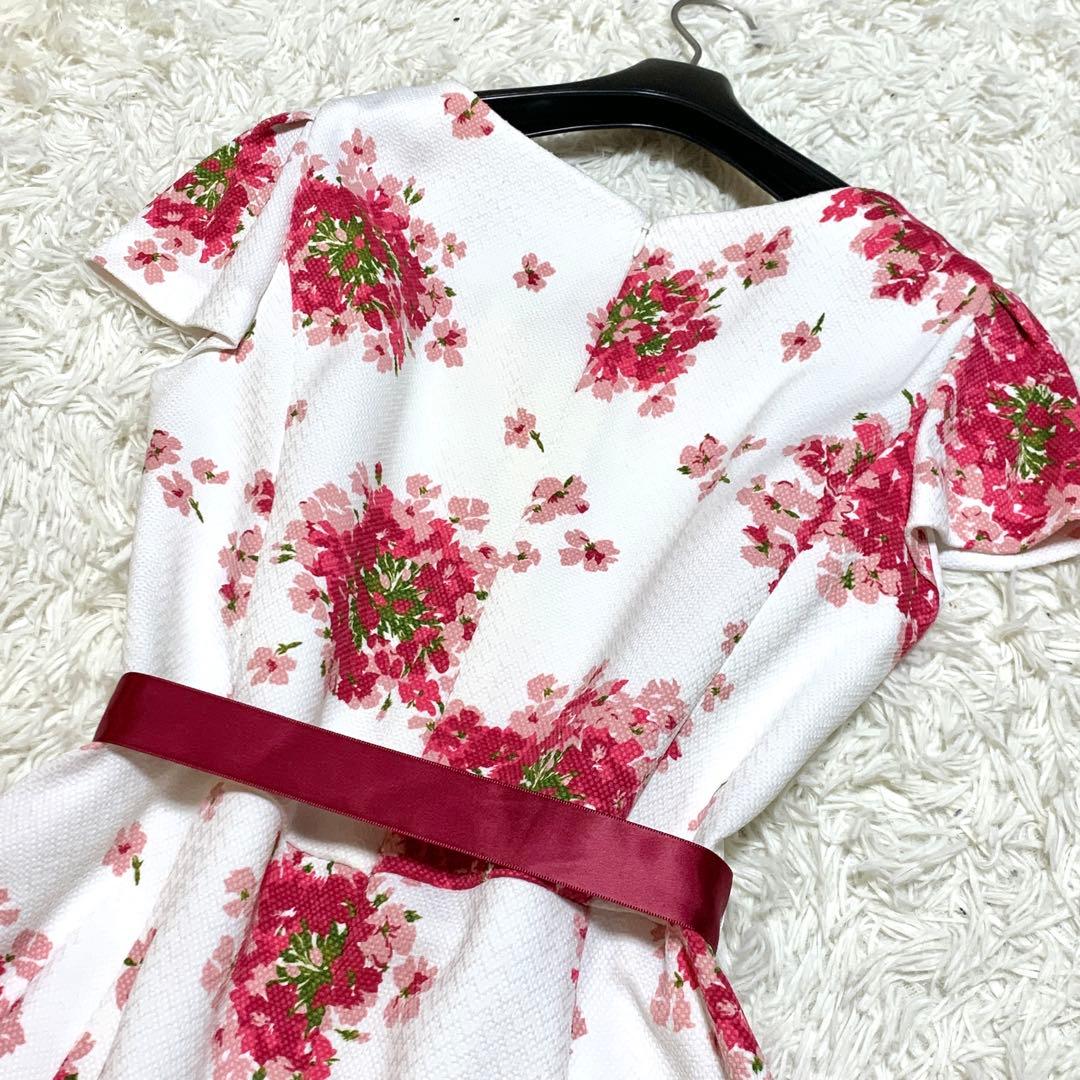 美品✨希少サイズ エムズグレイシー ブーケプリント フレア ワンピース ケープ付